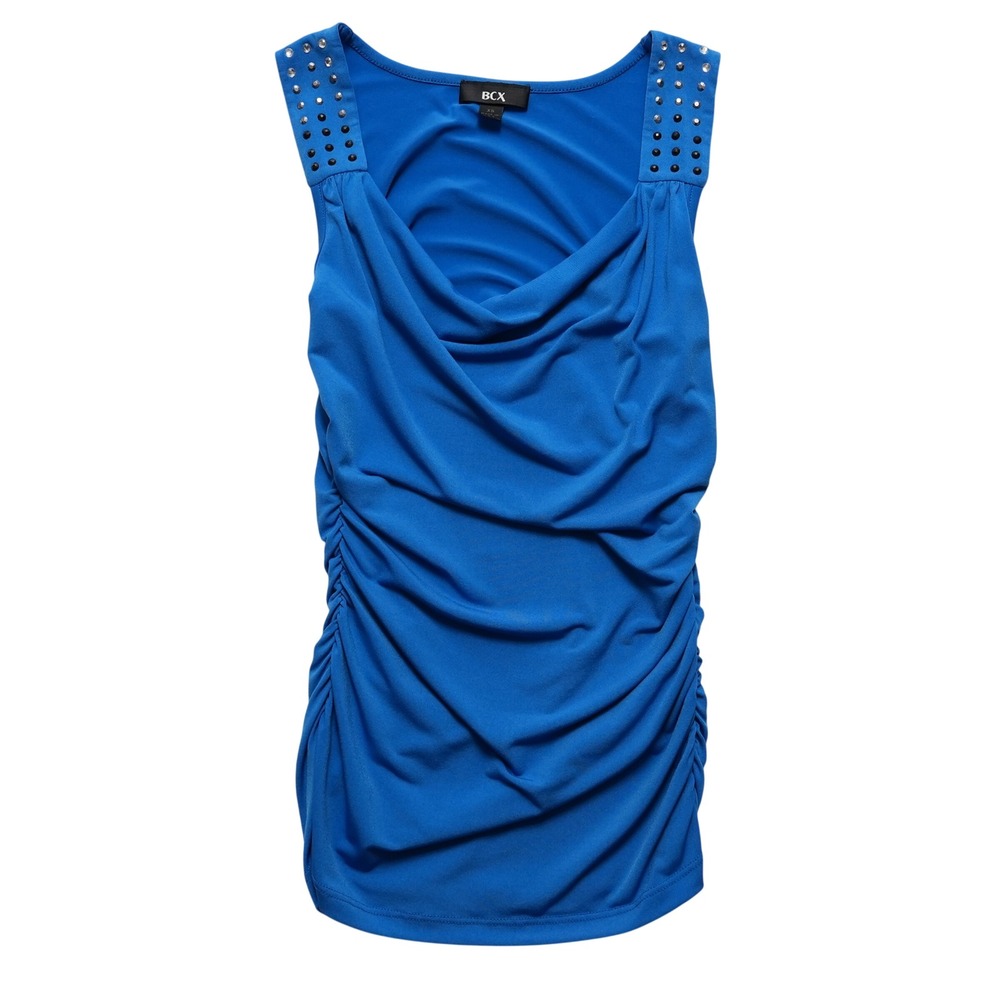 BCX Sleeveless Top Women XS Blue Ruched Sides Studded Shoulders Y2K Clubwear
